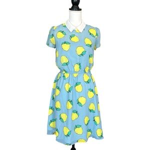 ModCloth Lemon Print Fit & Flare Short Sleeve Casual Career Dress SZ Small